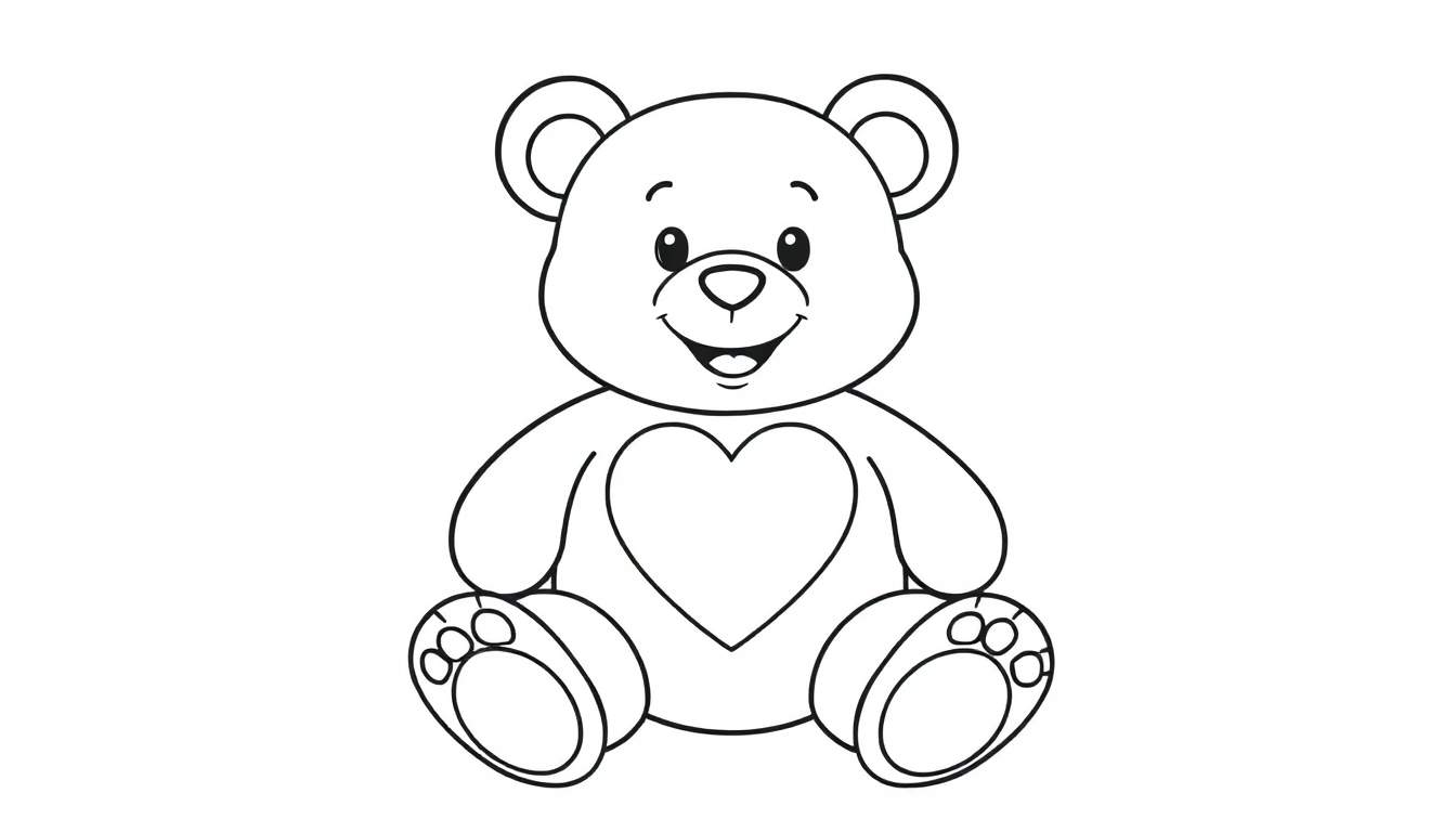 Oso de peluche sonriente con un corazón en la barriga, listo para colorear en una placa de color.