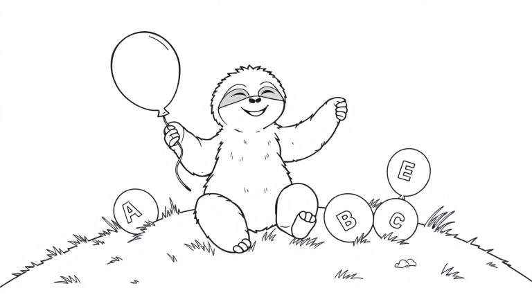 Página para colorear de un perezoso feliz sosteniendo un globo con las letras A, B, C y E flotando a su alrededor.