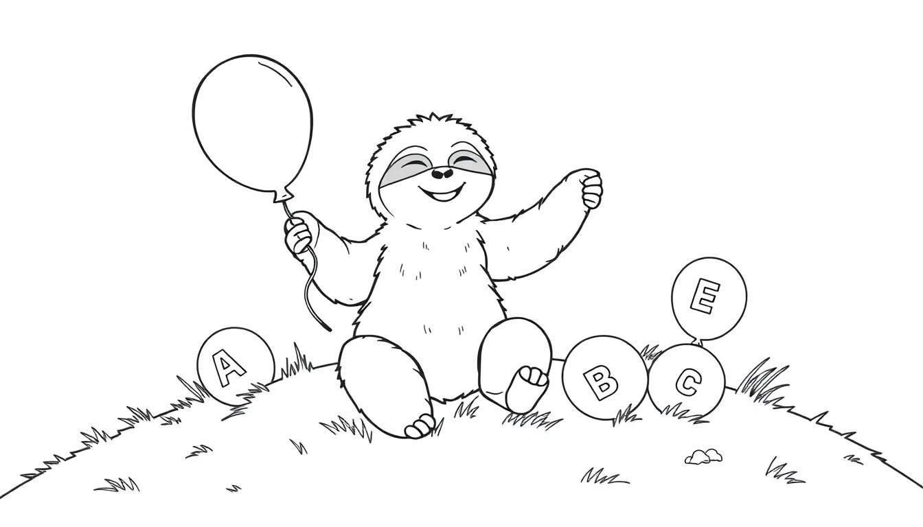Página para colorear de un perezoso feliz sosteniendo un globo con las letras A, B, C y E flotando a su alrededor.