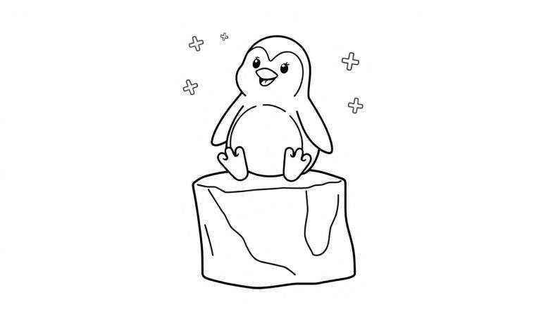 Placa de color de un pingüino sonriente sentado en un bloque de hielo con símbolos de copo de nieve flotando.