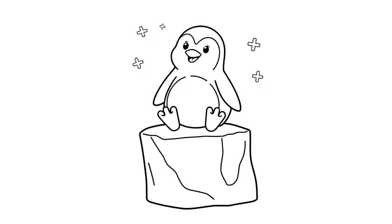 Placa de color de un pingüino sonriente sentado en un bloque de hielo con símbolos de copo de nieve flotando.
