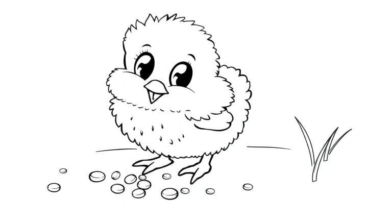 Pollito para colorear picoteando semillas, una página de placa de color.