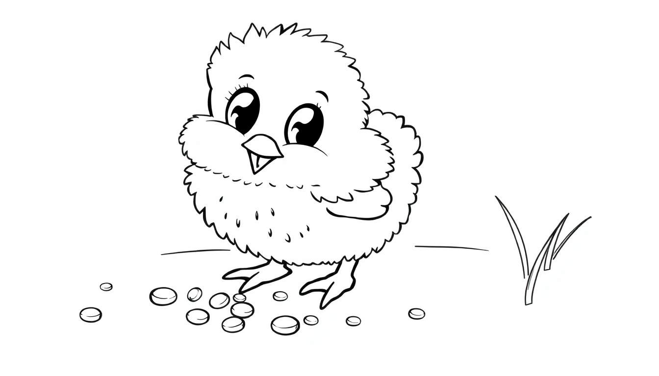 Pollito para colorear picoteando semillas, una página de placa de color.