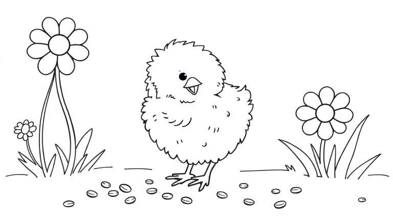 Un pollito jugando en un jardín, listo para ser coloreado en la placa de color.