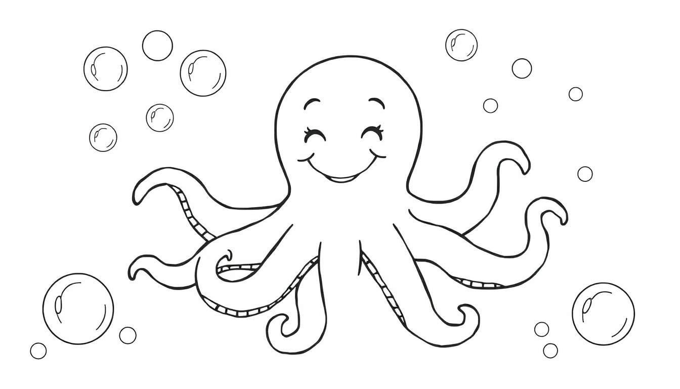 Placa de color de un pulpo sonriente y burbujas.