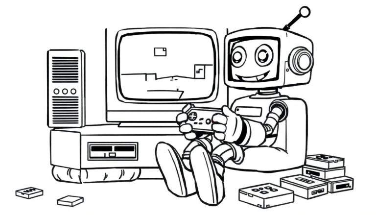 Placa de color: Robot jugando a videojuegos con las piernas cruzadas frente a una televisión antigua.