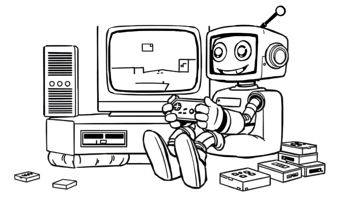 Placa de color: Robot jugando a videojuegos con las piernas cruzadas frente a una televisión antigua.