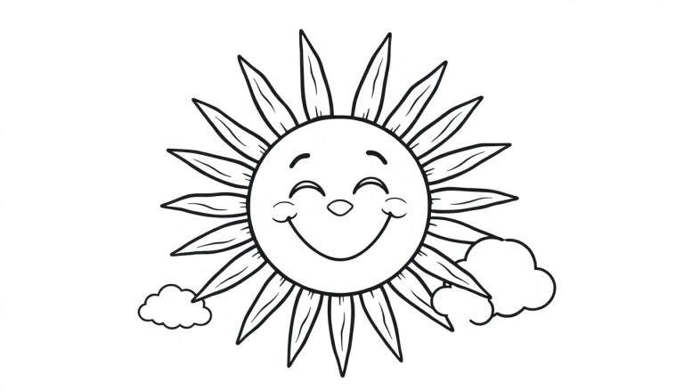 Placa de color de un sol sonriente con rayos y nubes.