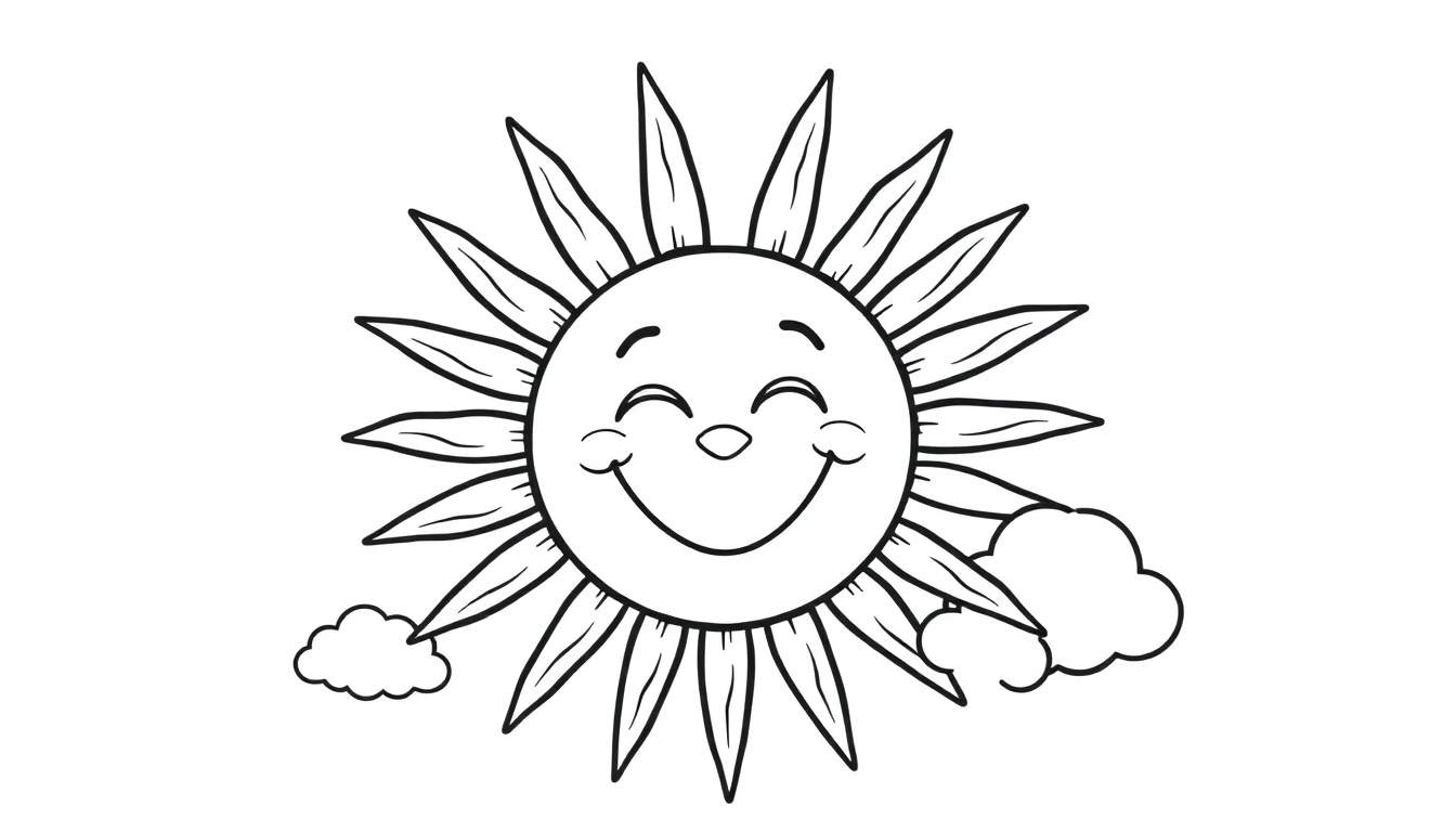 Placa de color de un sol sonriente con rayos y nubes.