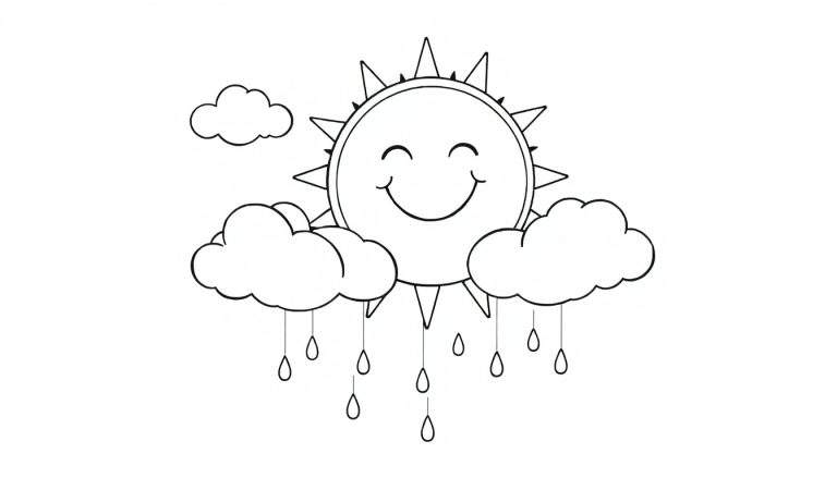 Placa de color de un sol sonriente con nubes y gotas de lluvia.