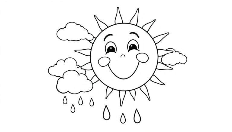 Placa de color de un sol sonriente con nubes y lluvia.