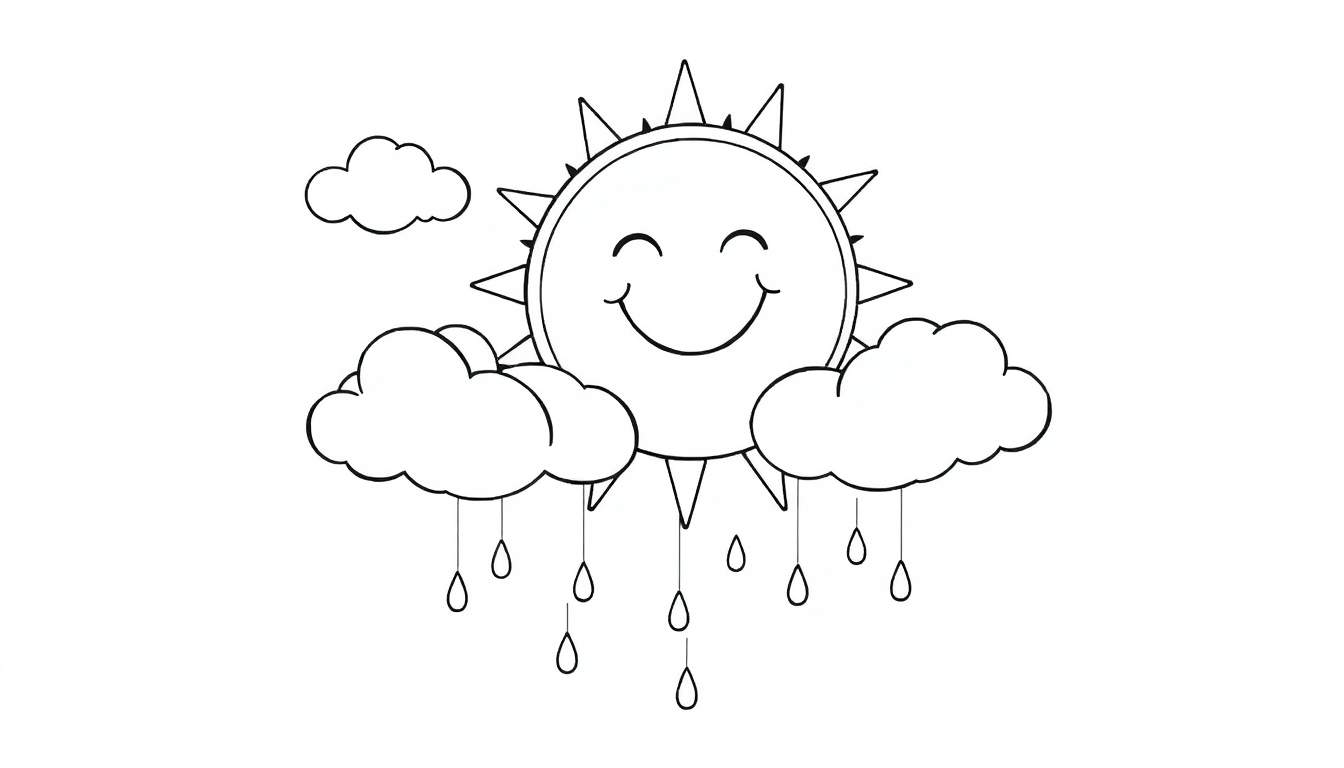 Placa de color de un sol sonriente con nubes y gotas de lluvia.