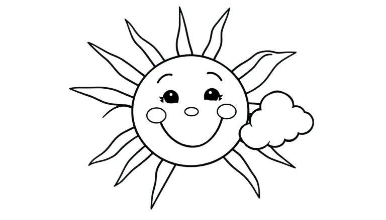 Un sol sonriente de dibujos animados con rayos de sol y una nube flotante en una placa de color.