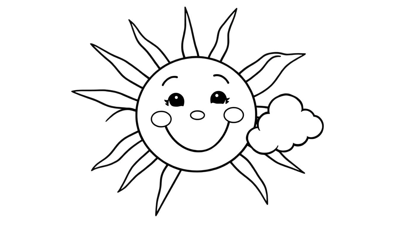 Un sol sonriente de dibujos animados con rayos de sol y una nube flotante en una placa de color.