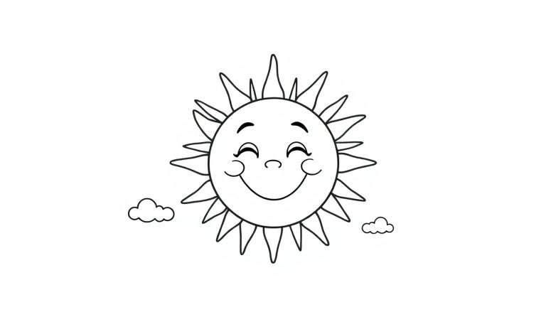 Placa de color de un sol sonriente y amigable con nubes.
