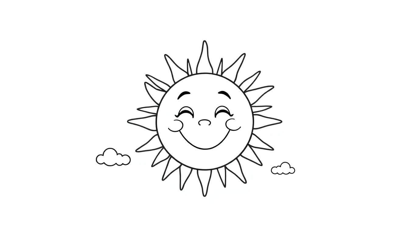 Placa de color de un sol sonriente y amigable con nubes.
