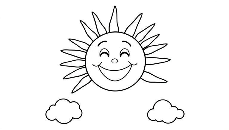 Un sol sonriente para colorear, una placa de color con rayos y nubes.