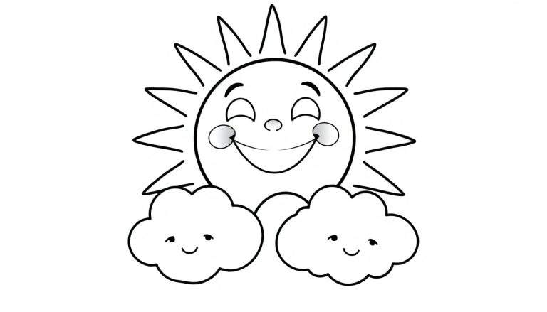Placa de color de un sol sonriente con nubes amigables.