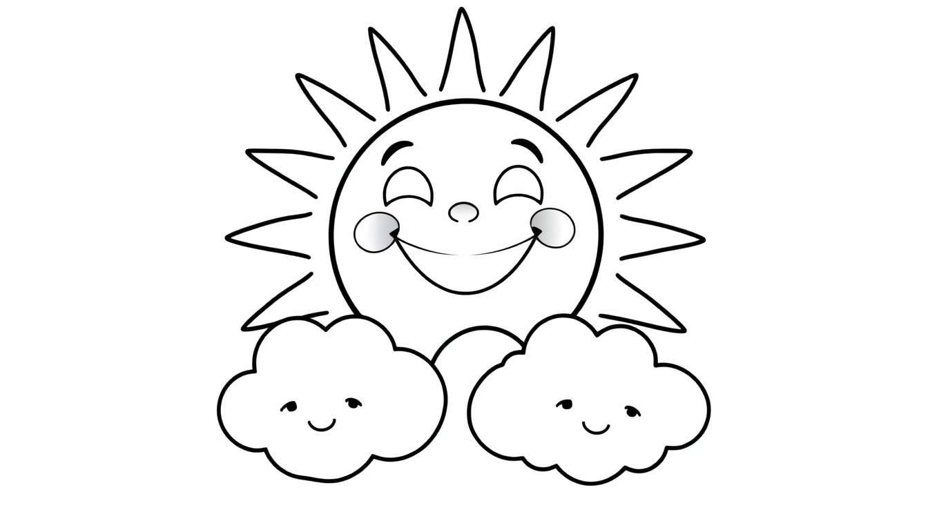 Placa de color de un sol sonriente con nubes amigables.