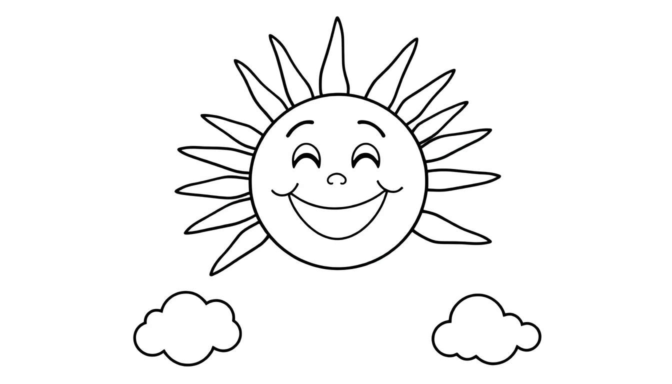 Un sol sonriente para colorear, una placa de color con rayos y nubes.
