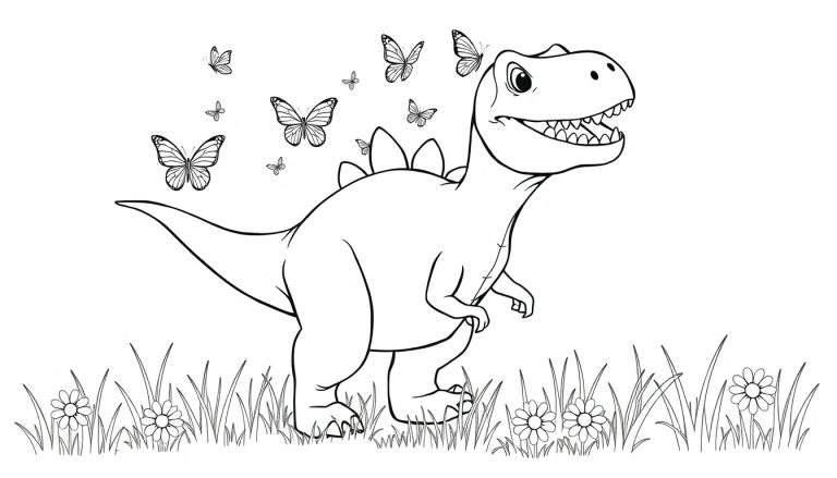 Placa de color de un tiranosaurio rex amigable persiguiendo mariposas en un prado soleado.