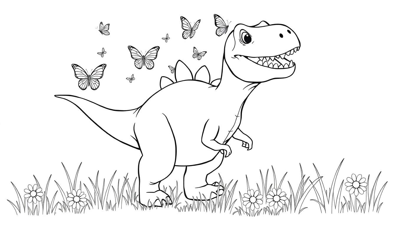 Placa de color de un tiranosaurio rex amigable persiguiendo mariposas en un prado soleado.