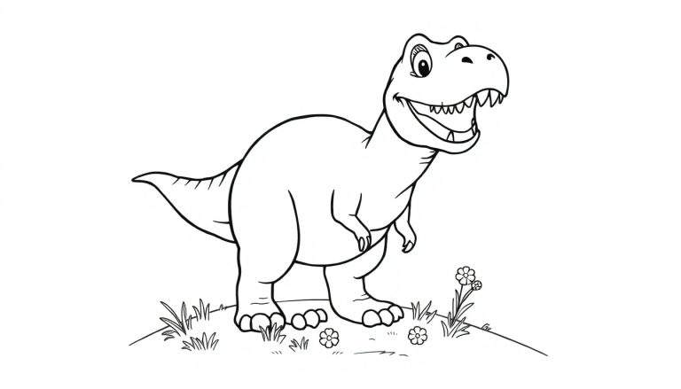 Un dinosaurio T-Rex sonriente, listo para colorear con una placa de color.