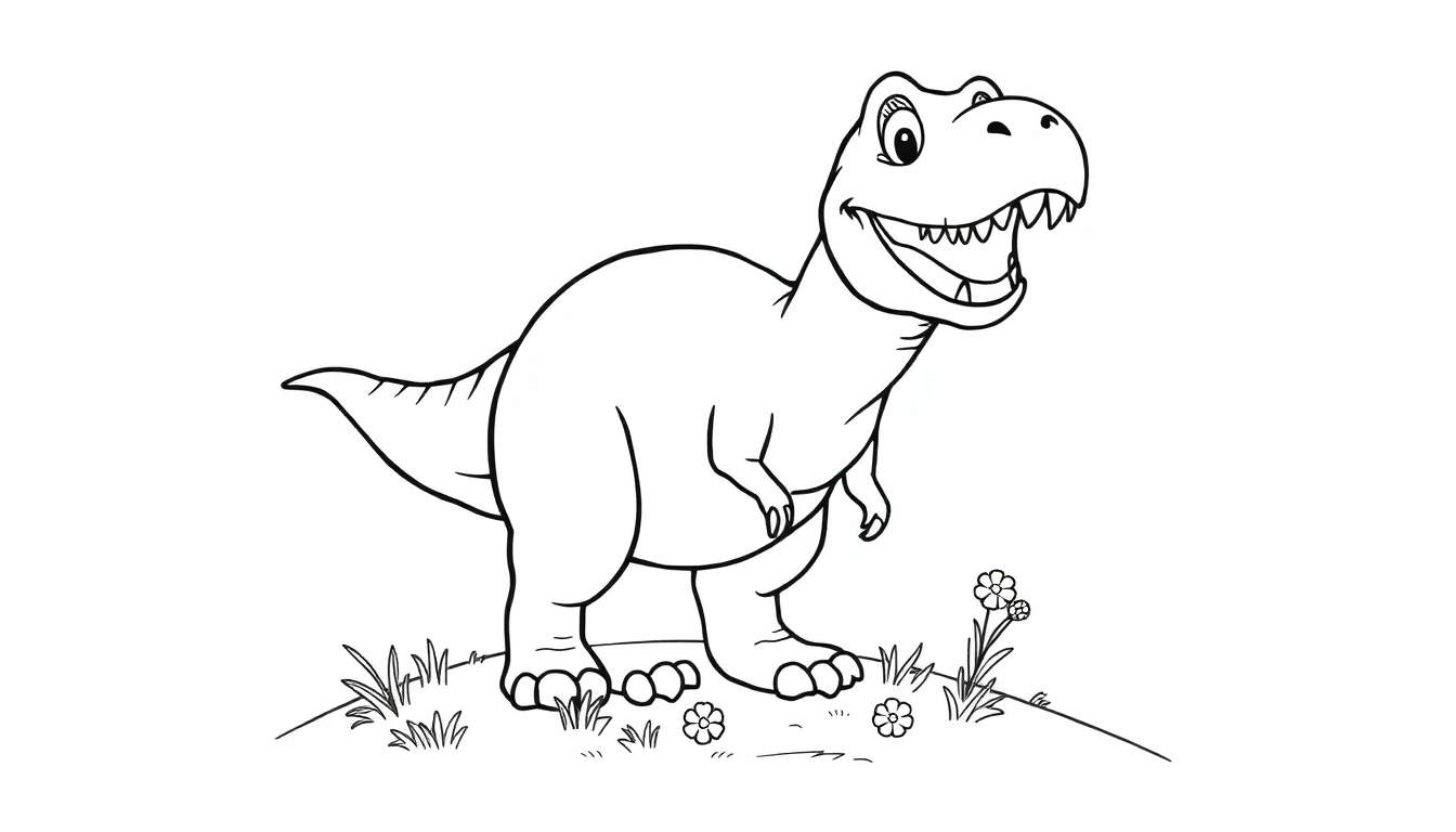 Un dinosaurio T-Rex sonriente, listo para colorear con una placa de color.