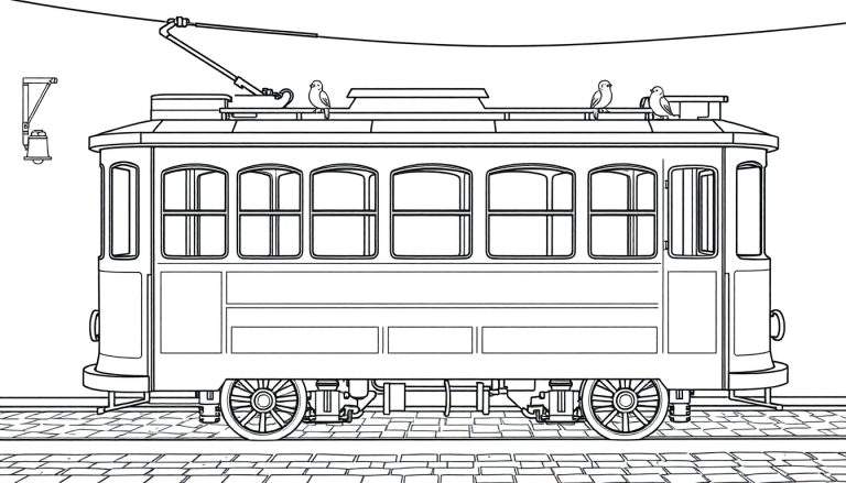 Dibujo para colorear de un tranvía antiguo con marco de placa de color.