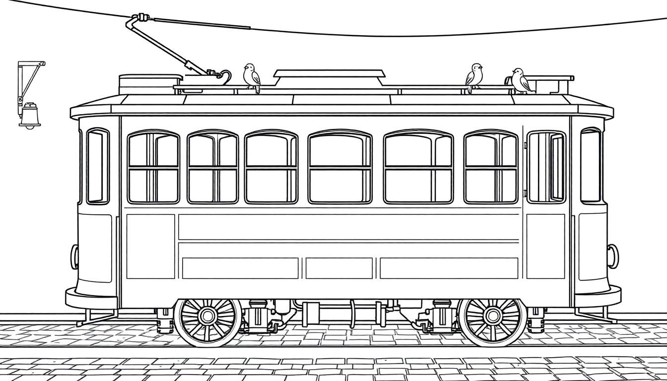 Dibujo para colorear de un tranvía antiguo con marco de placa de color.