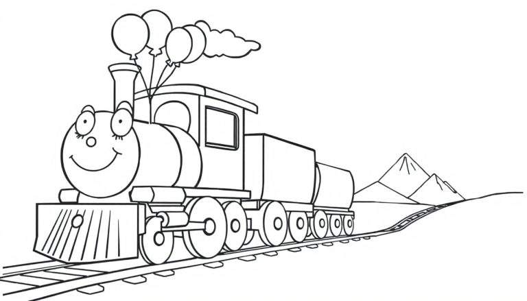 Un tren de dibujos animados sonriente con globos sobre vías, listo para la placa de color.