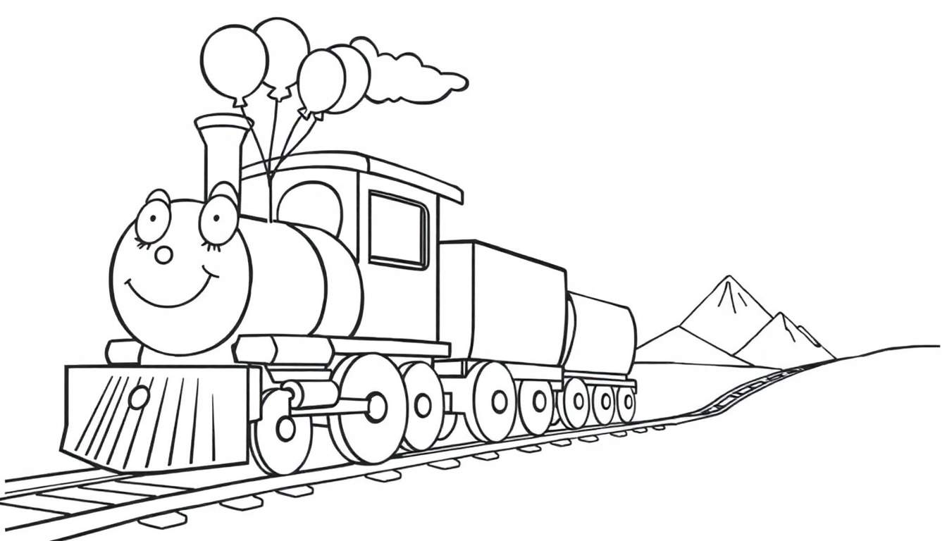 Un tren de dibujos animados sonriente con globos sobre vías, listo para la placa de color.