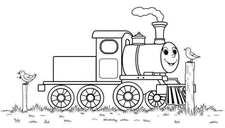 Placa de color de un tren de vapor sonriente con humo saliendo de su chimenea y pájaros en postes.