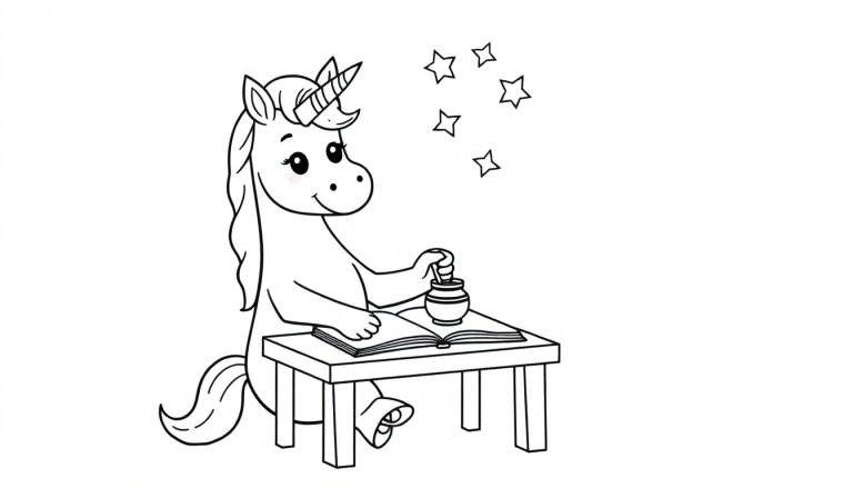 Placa de color de un unicornio mágico escribiendo en un cuaderno de estrellas.