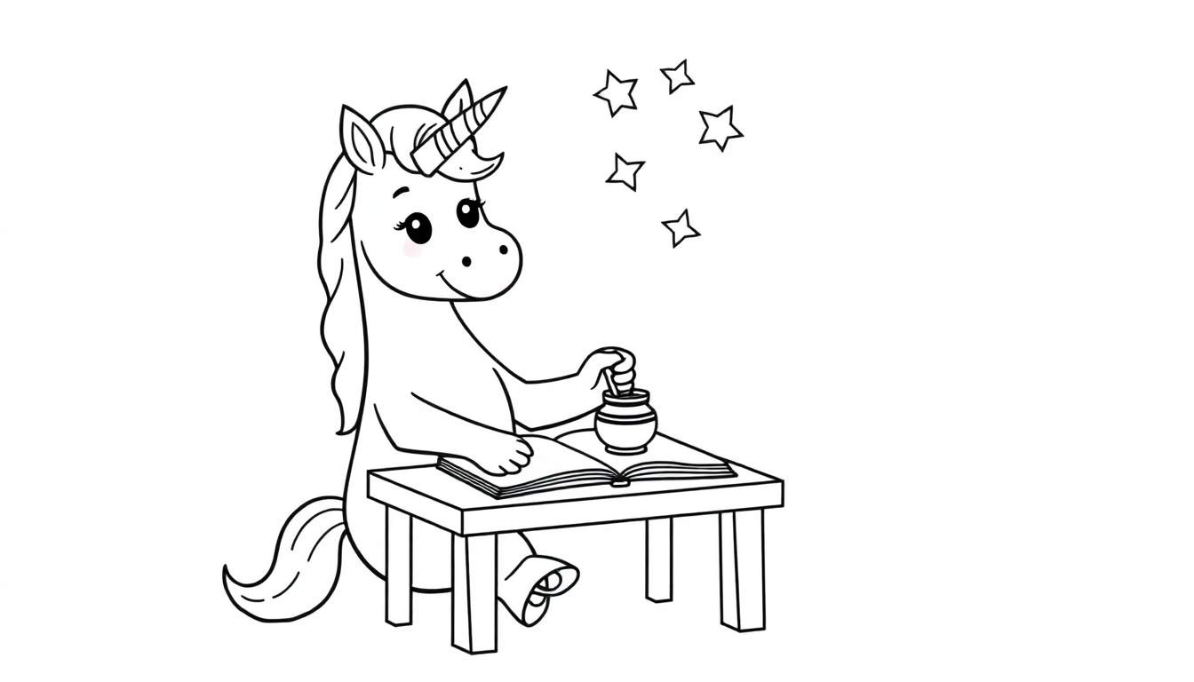 Placa de color de un unicornio mágico escribiendo en un cuaderno de estrellas.