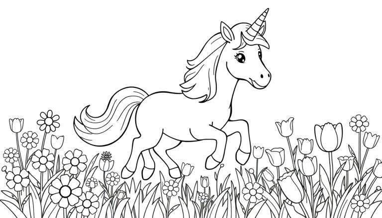 Placa de color de un unicornio saltando en un campo de flores.