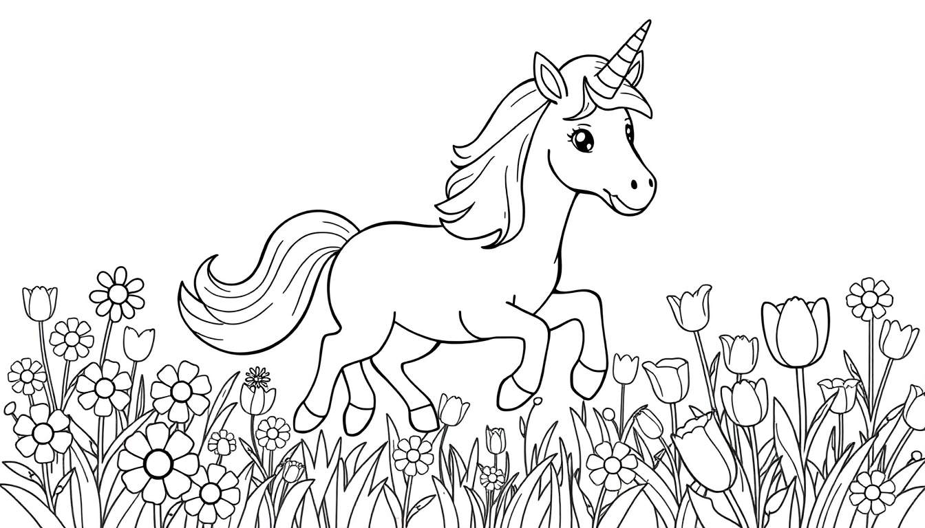 Placa de color de un unicornio saltando en un campo de flores.