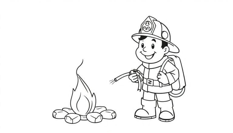 Placa de color de un bombero sonriente con manguera