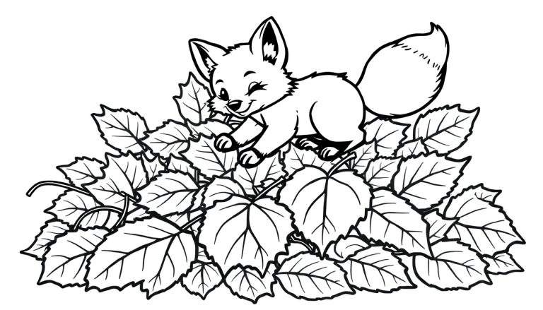 Un lindo zorrito animado guiñando un ojo sobre una pila de hojas de otoño, una placa de color lista para colorear.