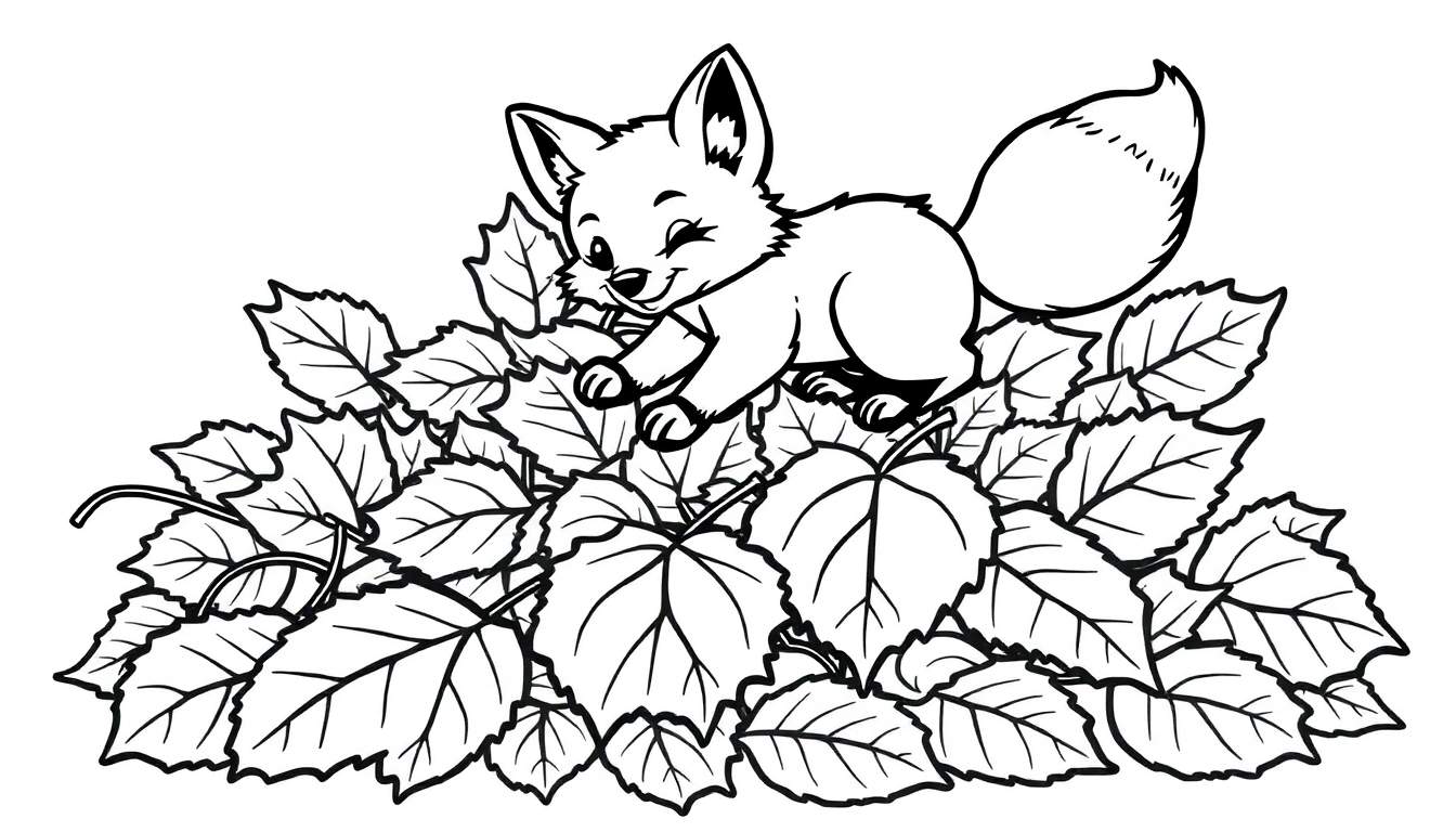 Un lindo zorrito animado guiñando un ojo sobre una pila de hojas de otoño, una placa de color lista para colorear.