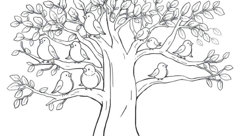 Un árbol de colorear, una placa de color amigable con pájaros en sus ramas.