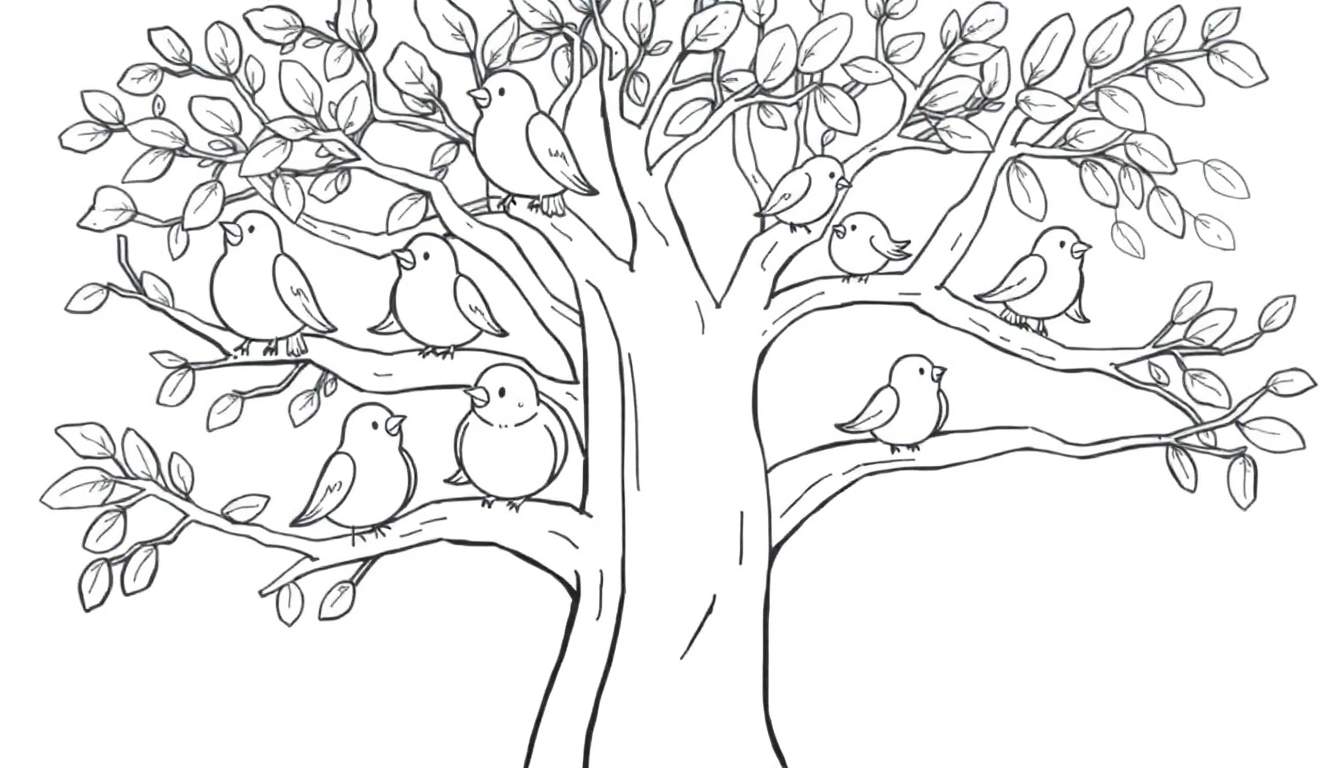 Un árbol de colorear, una placa de color amigable con pájaros en sus ramas.