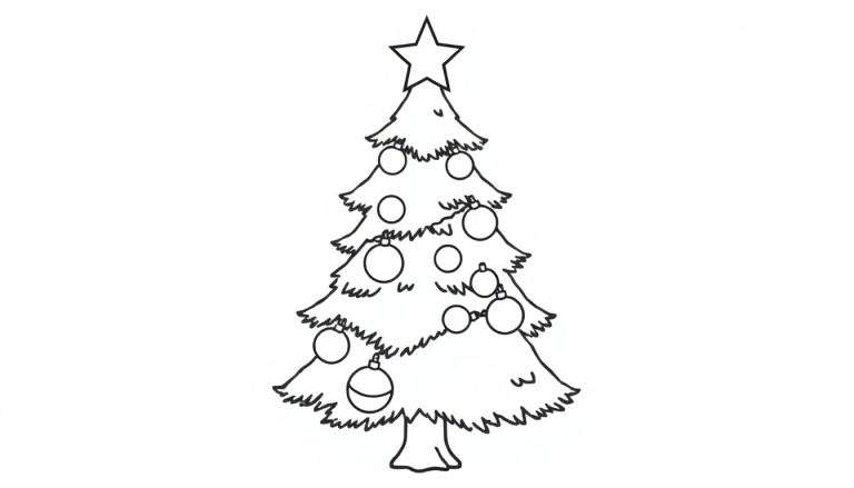 Placa de color de un árbol de Navidad con una estrella en la cima y adornos.