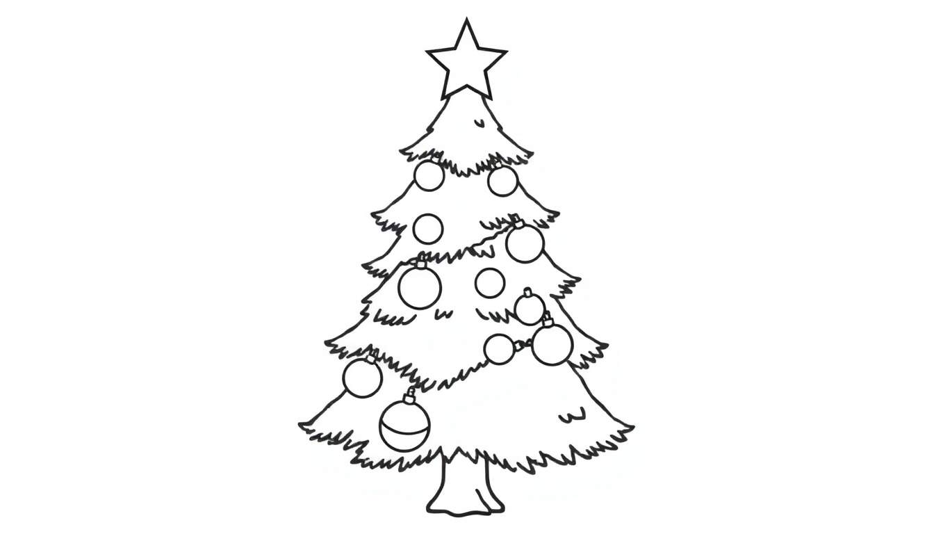 Placa de color de un árbol de Navidad con una estrella en la cima y adornos.
