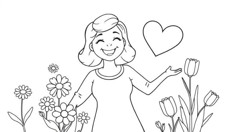 Placa de color de una mamá sonriente con flores y un corazón.
