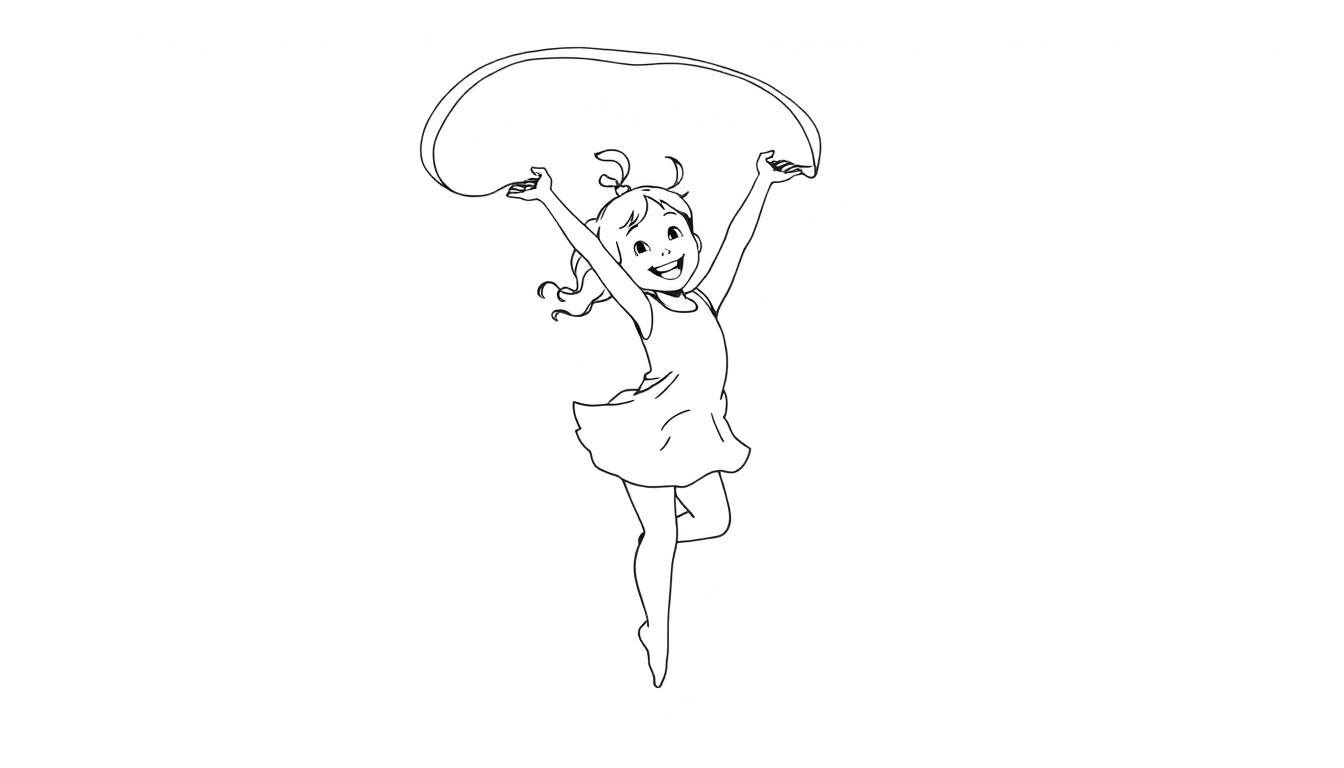 Placa de color de una niña bailando con una cinta