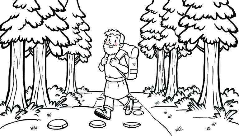 Placa de color para niños: peregrino sonriente con mochila caminando por un sendero en el bosque.