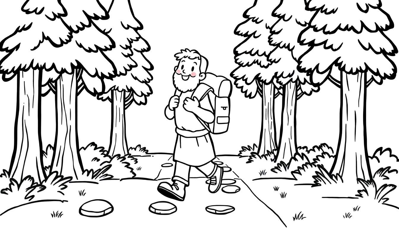 Placa de color para niños: peregrino sonriente con mochila caminando por un sendero en el bosque.