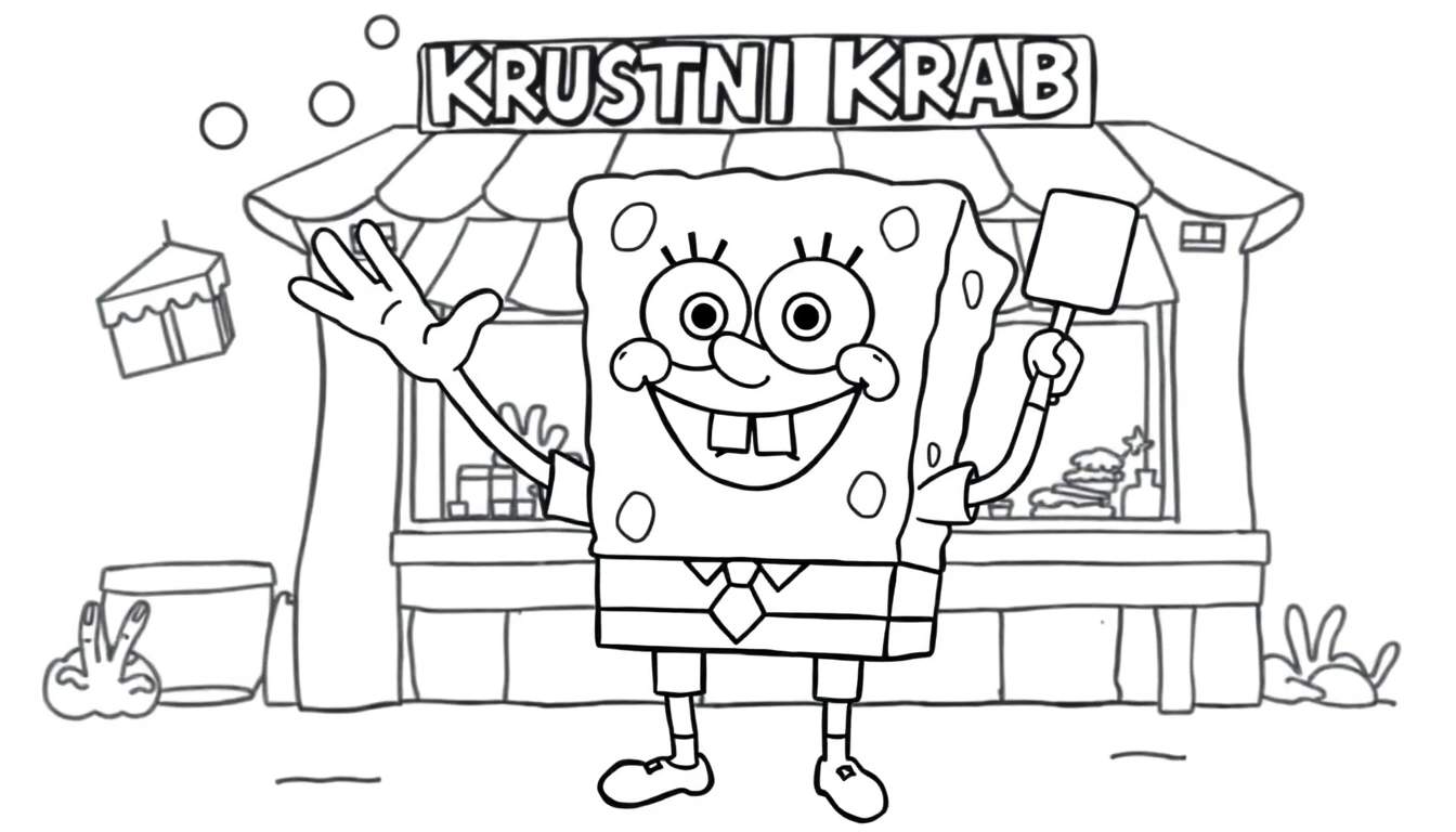 Placa de color de Bob Esponja saludando frente al Krusty Krab.