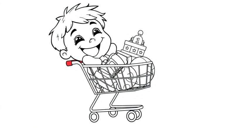 Placa de color para niños de un niño feliz en un carrito de compras con juguetes.